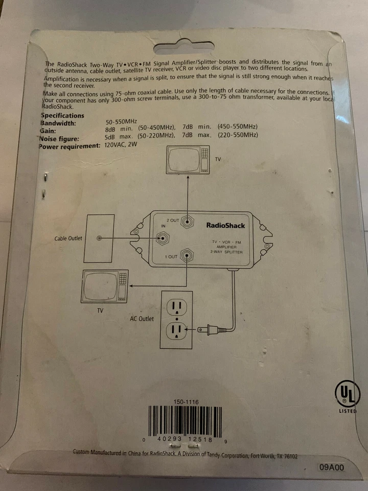 RadioShack 2-Way Amplifier Splitter TV, VCR, Fm Amplifier 50-550MHz - Image 2 of 2