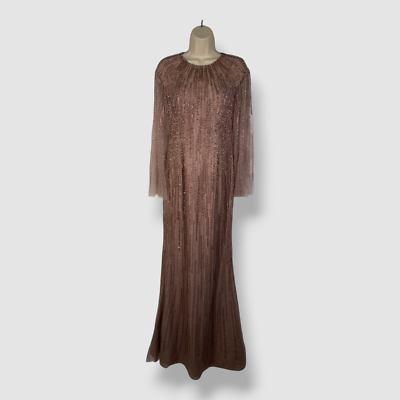 basix black label sequin dress Women's Beaded Long-Sleeve Gown - Mauve 37Waist WINE RED DRESS Carolina Brown High-Neck Open-Back Drop Length:24