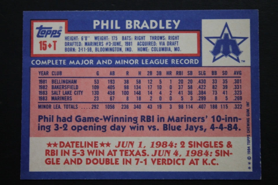 Phil Bradley Seattle Mariners Autographed 1984 Topps #15T Signed Baseball Card - Image 2 of 3
