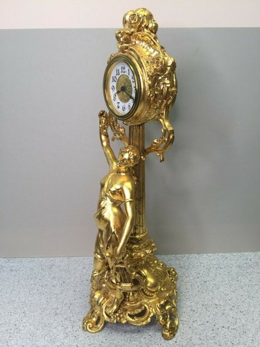 Gold Gilt Figural Quartz Clock Woman w/ Lyre German Movement Running? - Picture 4 of 12