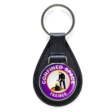 Confined Space Trained Circle Black Leather Keychain Silver Keyring Military 