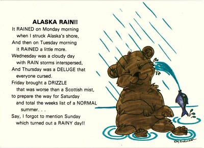 Alaska Rain Poem Bear and Fish Postcard Unposted