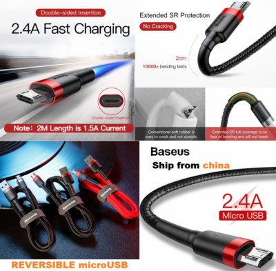 Baseus REVERSIBLE Micro USB Cable MicroUSB Cord android FAST Charging chargeur !