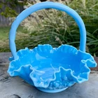 Large Unique Fenton Sky Blue White Swirl Milk Glass Flower Basket Ruffled Edge