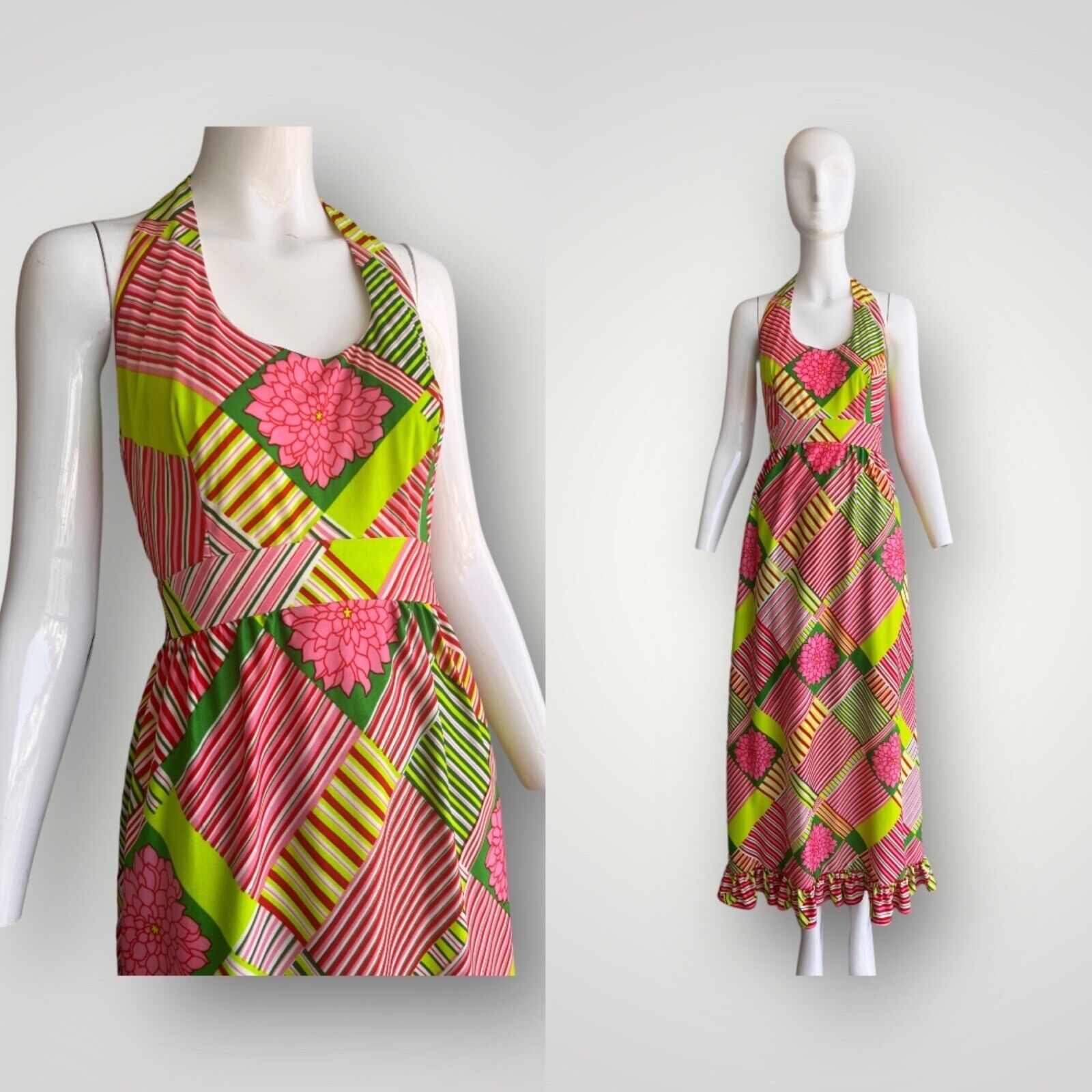 Vintage 60s patchwork print halter maxi dress | G… - image 1
