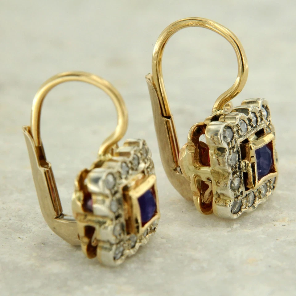 Orecchini in ORO Giallo 14 kt con ZAFFIRO Blu Naturale e DIAMANTI a Monachella - Immagine 2 di 4