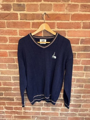 Lee Sport Men's L Navy Golf V-Neck Pullover USA 90s Unique Blue Green Knitted