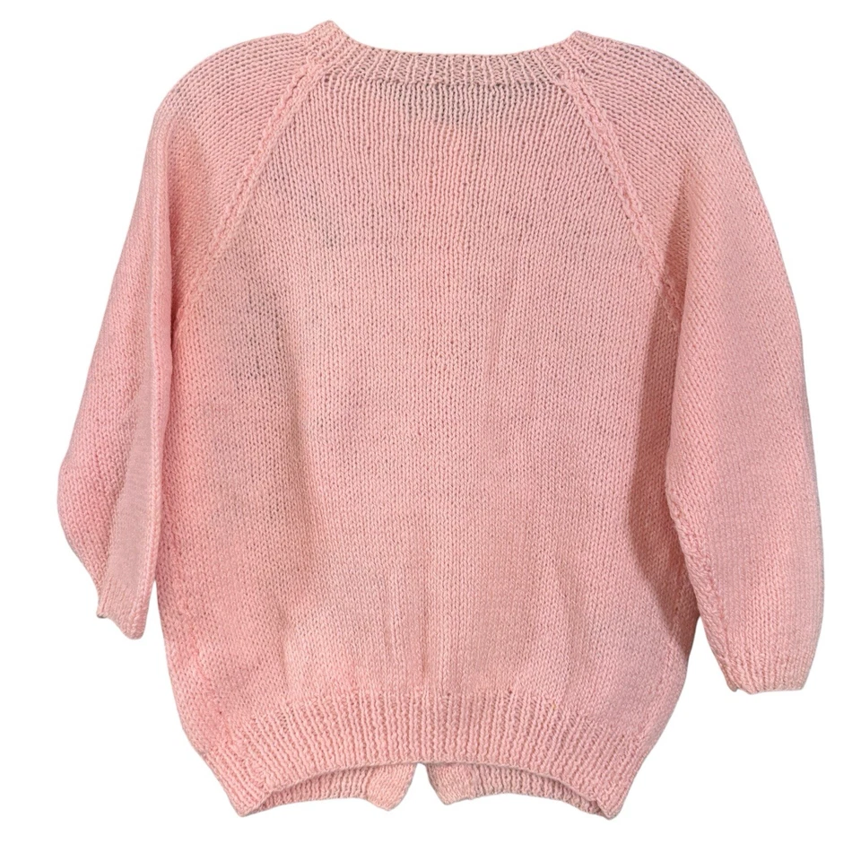 Handmade Pink Knit Cardigan Floral Button Front Sweater Size M Cottagecore - Image 2 of 3