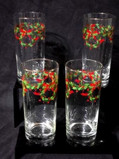 Vintage LIBBEY 6.25" Iced Tea Glass CHRISTMAS WREATH Beverage Tumbler - Set Of 4