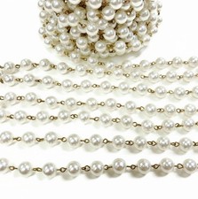 3 FEET VINTAGE HONG KONG WHITE PEARL 10mm. BEADED BRASS ROSARY LINK CHAIN 1058W
