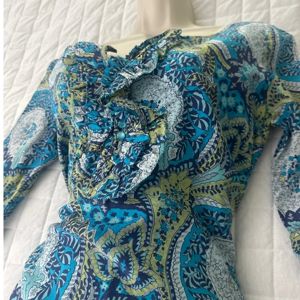 Vestido para mujer BETH BOWLEY 8 azul cachemira algodón seda mini volantes delantero verano  Foto 3 de 4