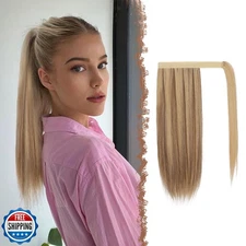 FESHFEN Straight Ponytail Extensions, 14 inch Natural Long Ponytails Wrap Aro