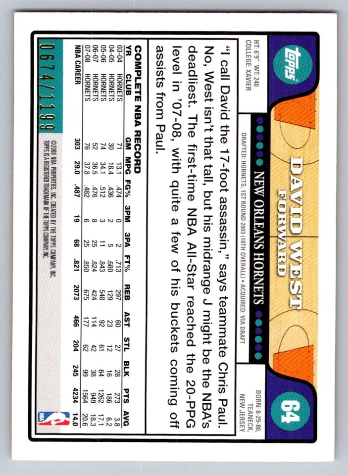 Topps Orange David West 64/1199 2008 Foto 2 de 2