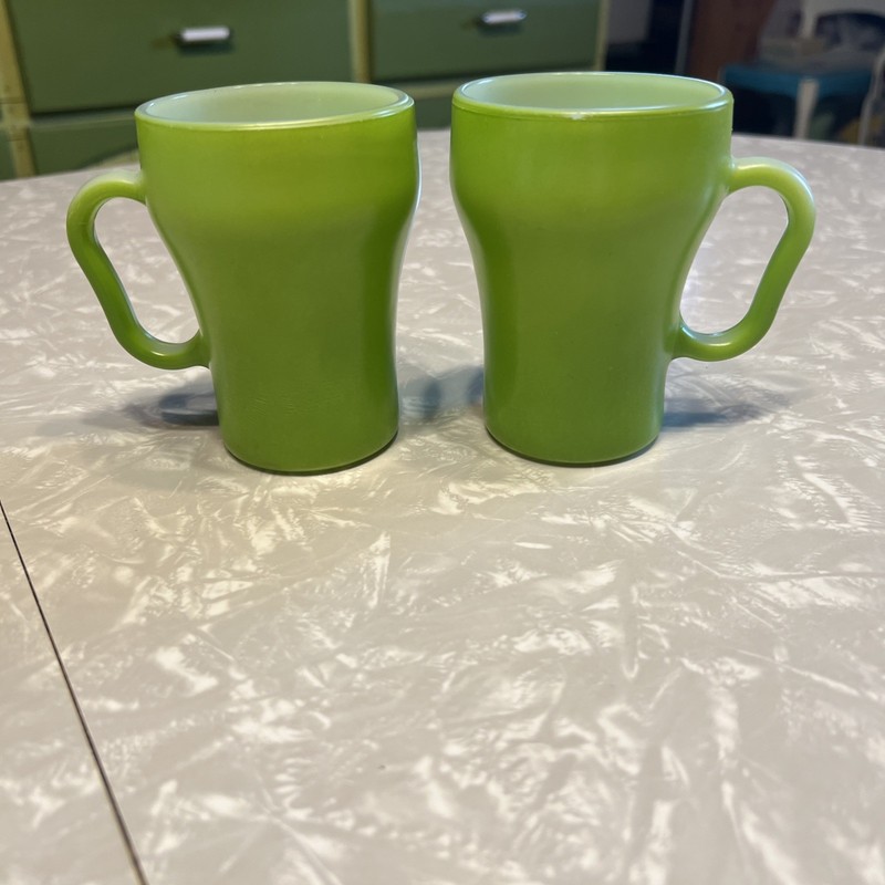 Vintage Fire King Green Ceramic Coffee Mugs Pair (2)