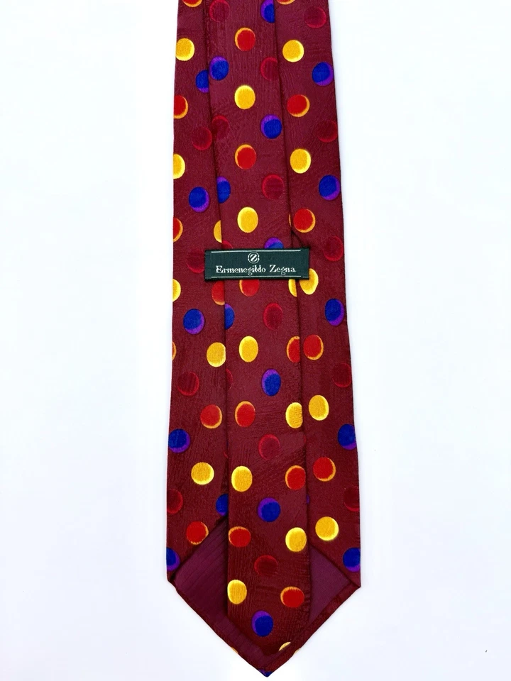 Corbata Ermenegildo Zegna para hombre roja azul amarilla 100 % seda lunares hecha en Italia Foto 4 de 4