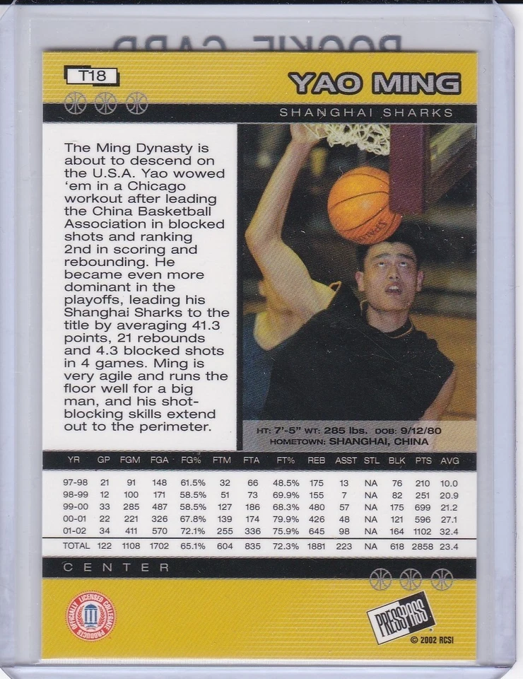 Tarjeta de novato Yao Ming 2002 Press Pass #1 NBA Draft Pick China RARA VERSIÓN ROJA RC Foto 2 de 2
