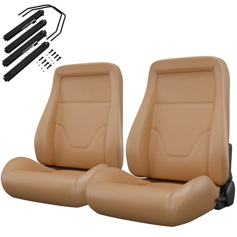 2x Asientos de carreras con canastilla de cuero PVC reclinables con deslizador para auto clásico Chevy Foto 4 de 4