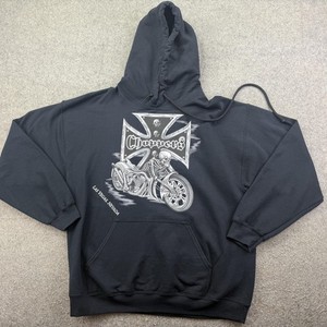 Vintage Biker Hoodie Mens Large Black Pullover Fleece Sweatshirt Choppers Skull