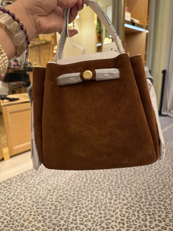 Tory Burch Romy Bolso Cubo Cuero Gamuza Marrón Bandolera Asa Superior Bolso de Mano Nuevo con Etiquetas Foto 4 de 4