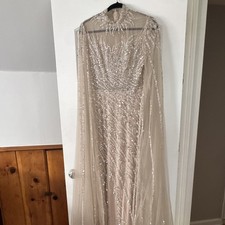 Custom-made 2 Beige Silver Mesh Ball Gown Beaded Sequin Cape Sleeve Dress