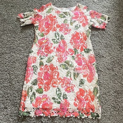 nina leonard casual dresses Nina Leonard Floral Lace Overlay Cold Shoulder Shift Dress Lined Zip XL