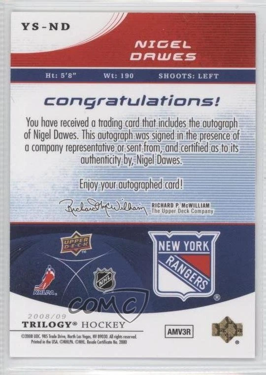 2008-09 Upper Deck Trilogy Young Star Scripts Nigel Dawes #YS-ND Auto - Image 2 of 2