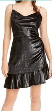 LEYDEN  Shimmery Ruffle-Hem Dress, Black, S Short Party Dress