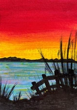 ACEO Mini **Art Print** of Painting Red Sunset by the Sea by Saulite