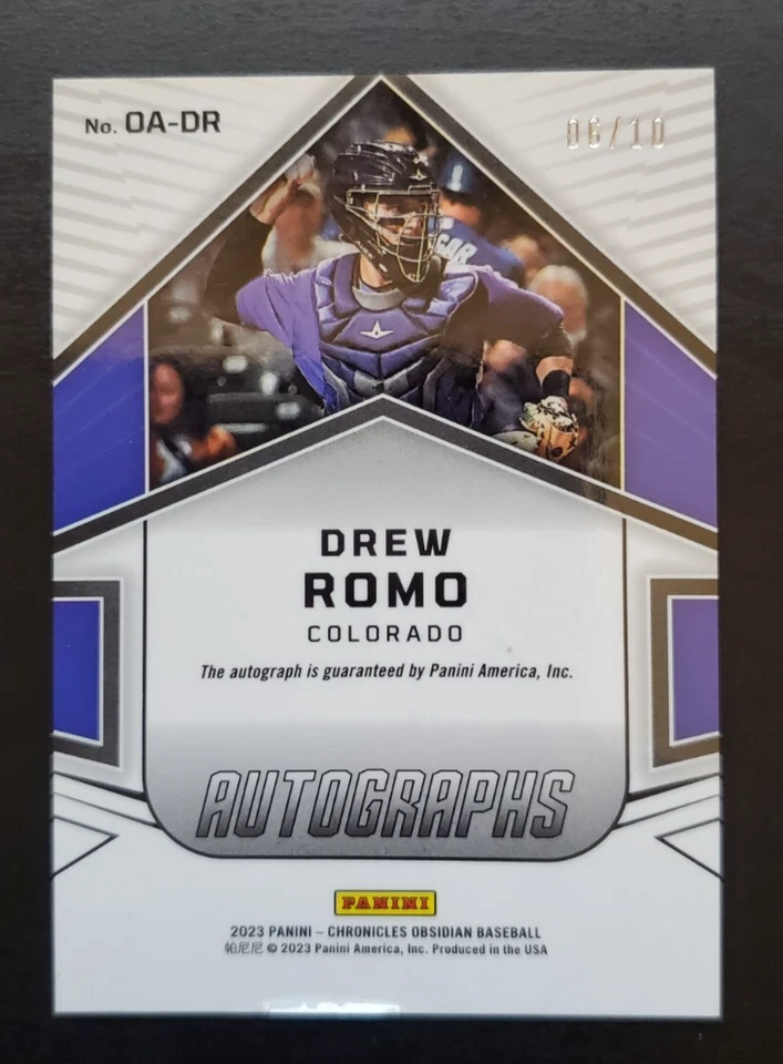 2023 Obsidian Autographs Drew Romo Yellow Electric Etch Auto SSP 6/10 Rockies - Image 2 of 3