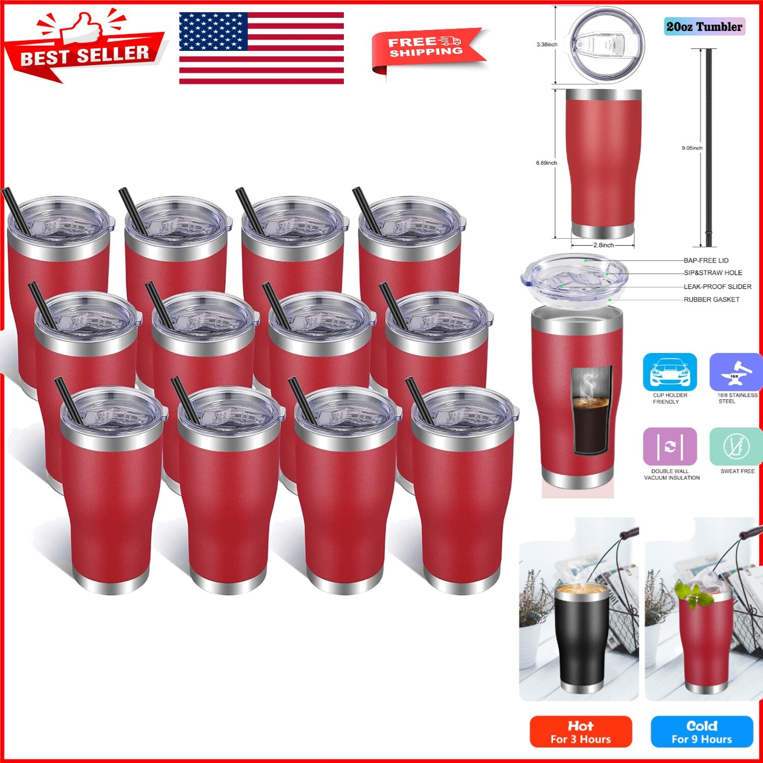 20oz Double Wall Insulated Brick Red Travel Coffee Mug - 12 Pack Stainless Steel