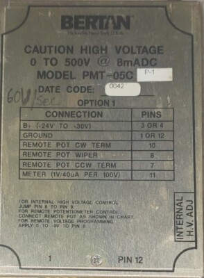 Bertan PMT-05C/P OPTION-1 HIGH VOLTAGE POWER SUPPLY (0 to 500V @ 8mAdc)
