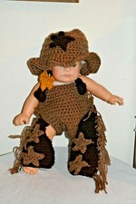 VINTAGE CROCHET Infant baby Sheriff 3 pc Hat Chaps Jumper Cute Star USA EUC