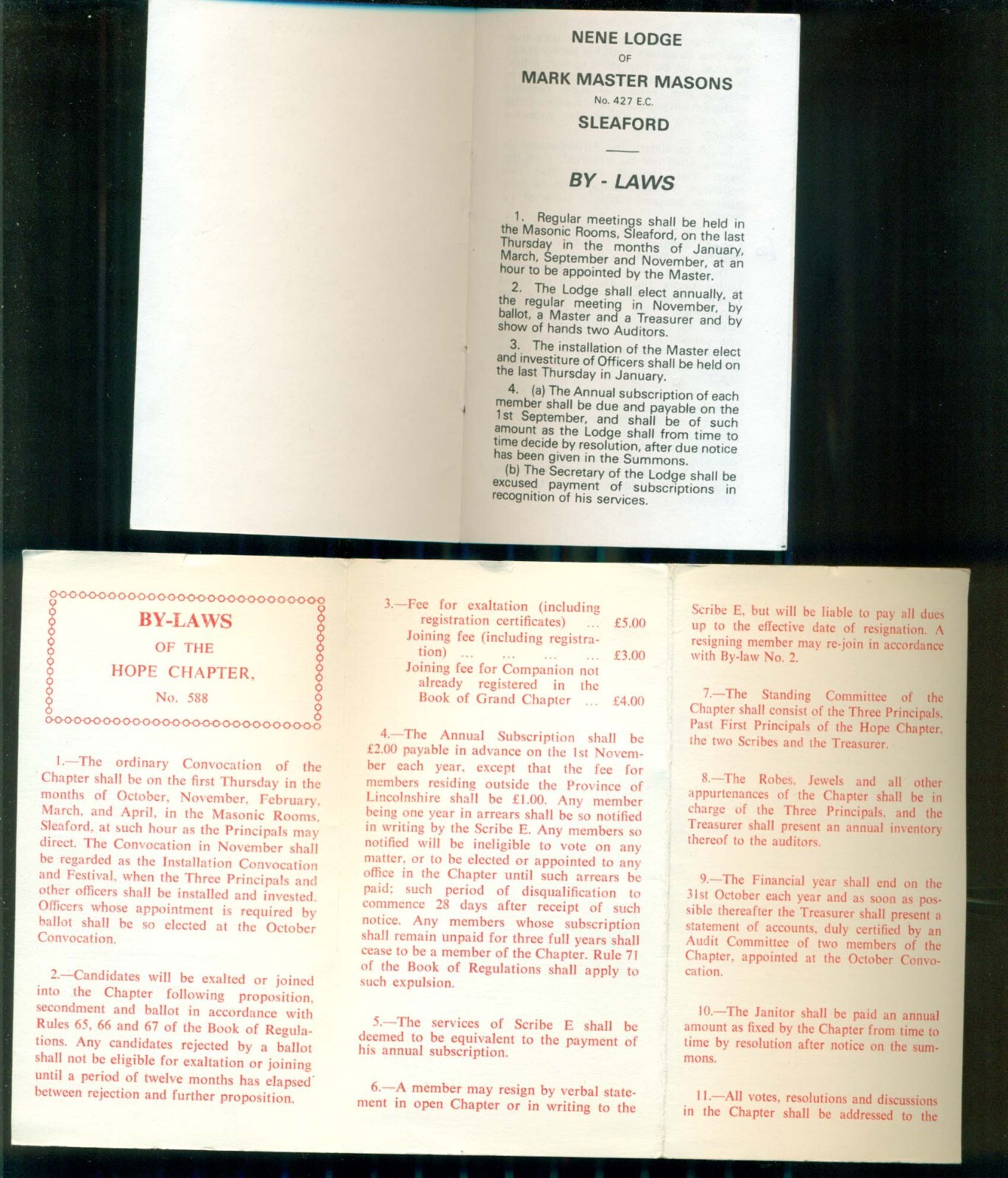 MASONIC BYELAWS. SEVEN ITEMS NENE LODGE, HOPE CHAPTER, 1924, 57, 71,75