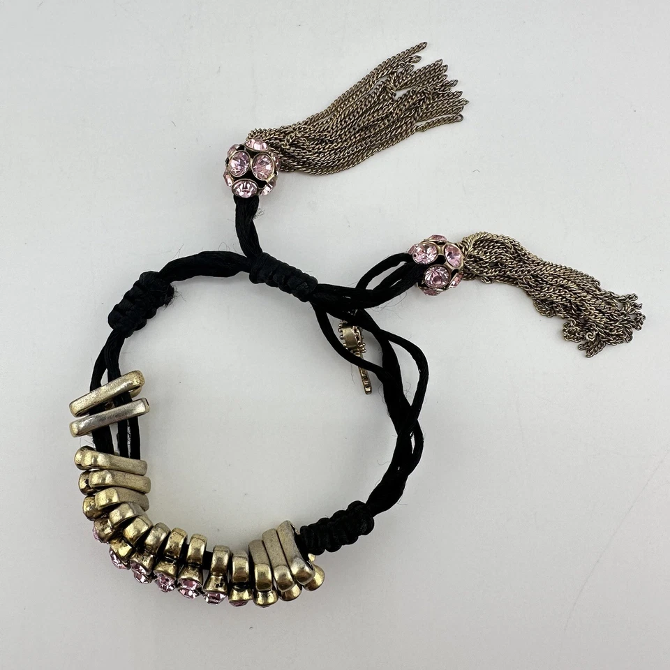 Pulsera Betsey Johnson Cordón Negro Bolo Cordón Tono Dorado Cristal Rosa Cuentas Foto 3 de 4