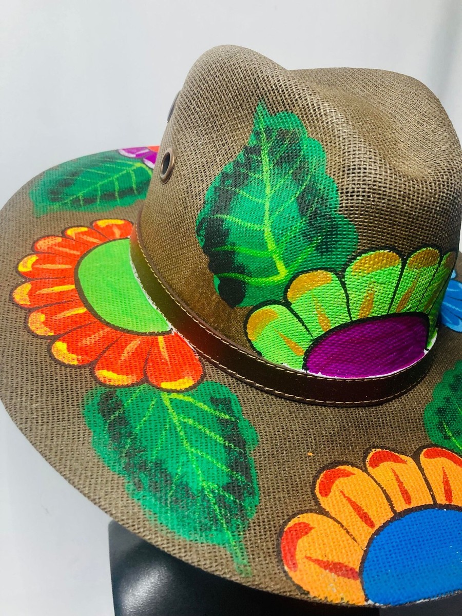 Hand Painted Fedora Palm Straw Hat Fine Brim Adjustable 