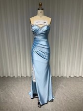 Light Blue Mermaid Evening Dresses Off Shoulder Satin Pleated Beaded Party Gowns