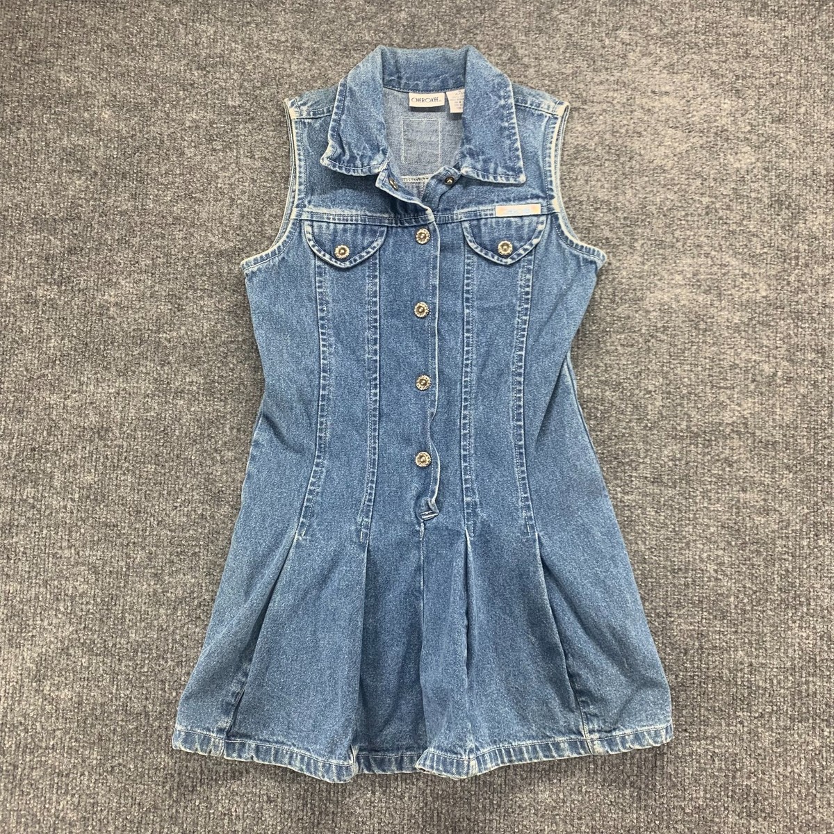 Cherokee Dress Womens Small 6 Blue Jean Denim Pleated Flower Button Sleeveless