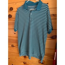 Eddie Bauer Mens Striped Polo Shirt Teal White Short Sleeve Collared Size L