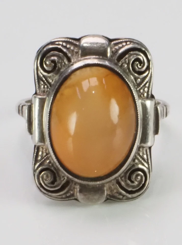 Antiker Bernstein Ring 835 Silber oval Cabochon Gr. 56 Art Déco; K118 - Bild 2 von 3