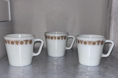VTG PYREX Butterfly Gold Milk Glass Coffee Mugs #1410 Set of 3 Heavy USA 10 Oz