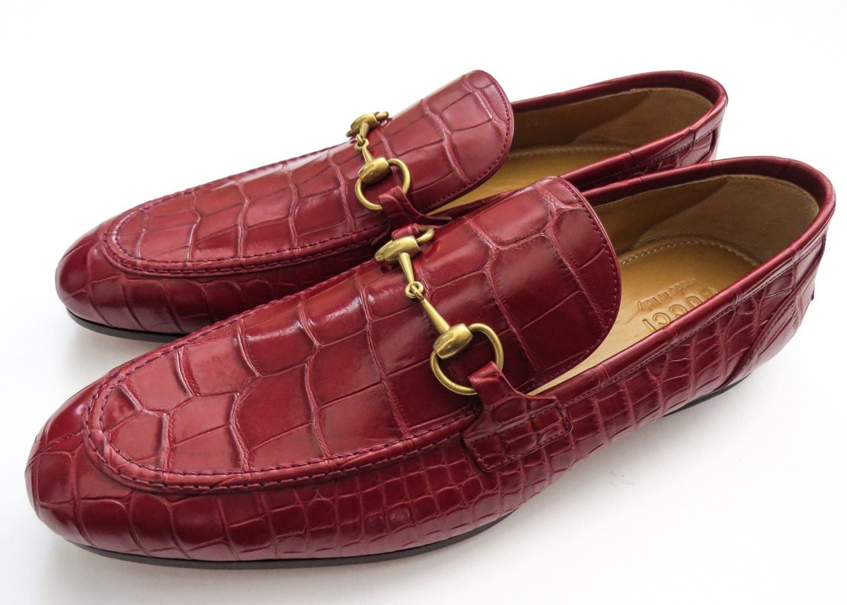 GUCCI Red Jordaan Crocodile Alligator Leather Loafers Shoes 13 US