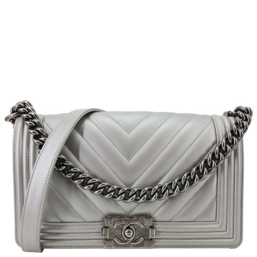 Chanel Boy Flap Medium Chevron Quilted Metallic Caviar Leather Crossbody Bag Sil