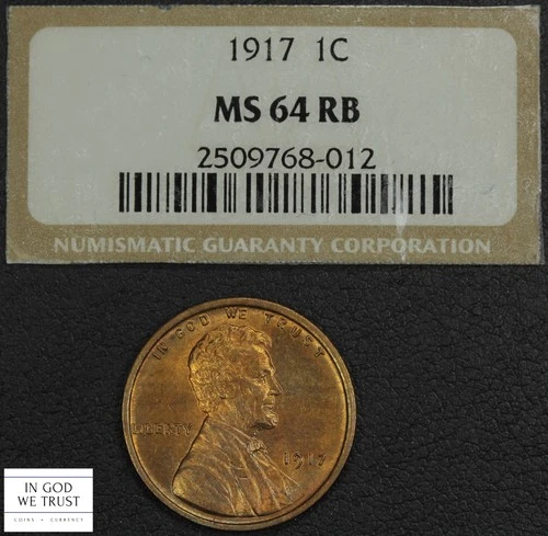 1917 Red-Brown Lincoln Wheat Copper Cent 1C (Cracked Out) Ex-NGC MS 64 RB