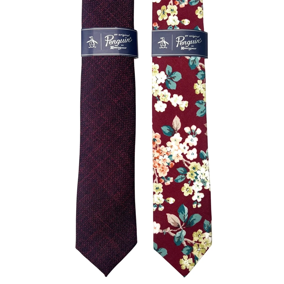 LOTE DE 2 corbatas ajustadas Penguin para hombre florales y borgoña modernas Foto 2 de 4