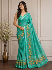 Aadatein Linen Simar Floral Printed Saree with Elegant Designer Border & Tassel