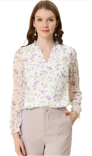 Allegra K Chiffon Blouse for Women's V Neck Long Sleeve Floral Top