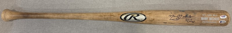 2017 Manny Machado Signed Auto Insc. Game Used GU Uncracked Rawlings Bat PSA LOA