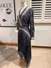 H&M Mid Length Asymmetrical Pleated Dress In Paisley Blue/Beige Size 10 VGC