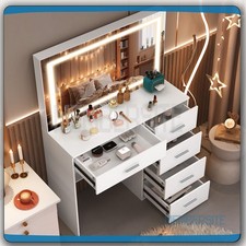 Small Dressing Table with Large LED Lighted Mirror 5 Drawers Vanity Makeup Desk