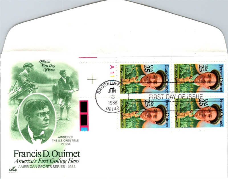 S09-6258, FRANCIS D. OUIMET, PLATE NUMBER BLOCK, ARTCRAFT FDC